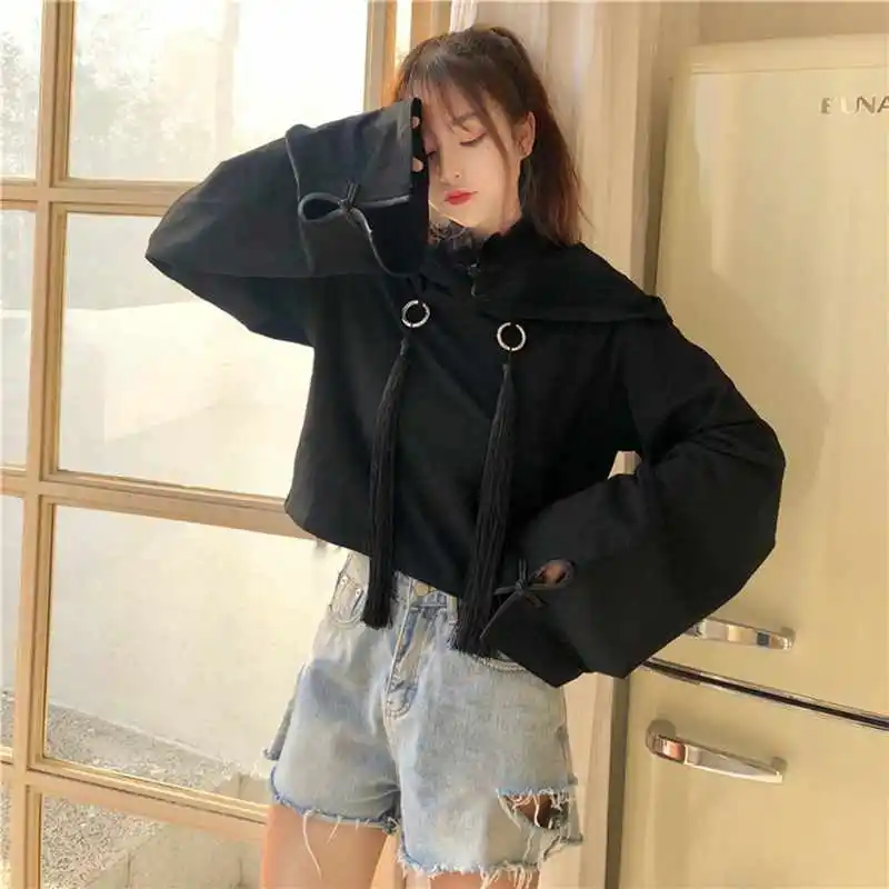 FAVRE Letter Embroidered Sweatshirts Flared Sleeve Women Disc Buckle Tassel Hoodies Vintage Spring Autumn Loose Crop Pullovers