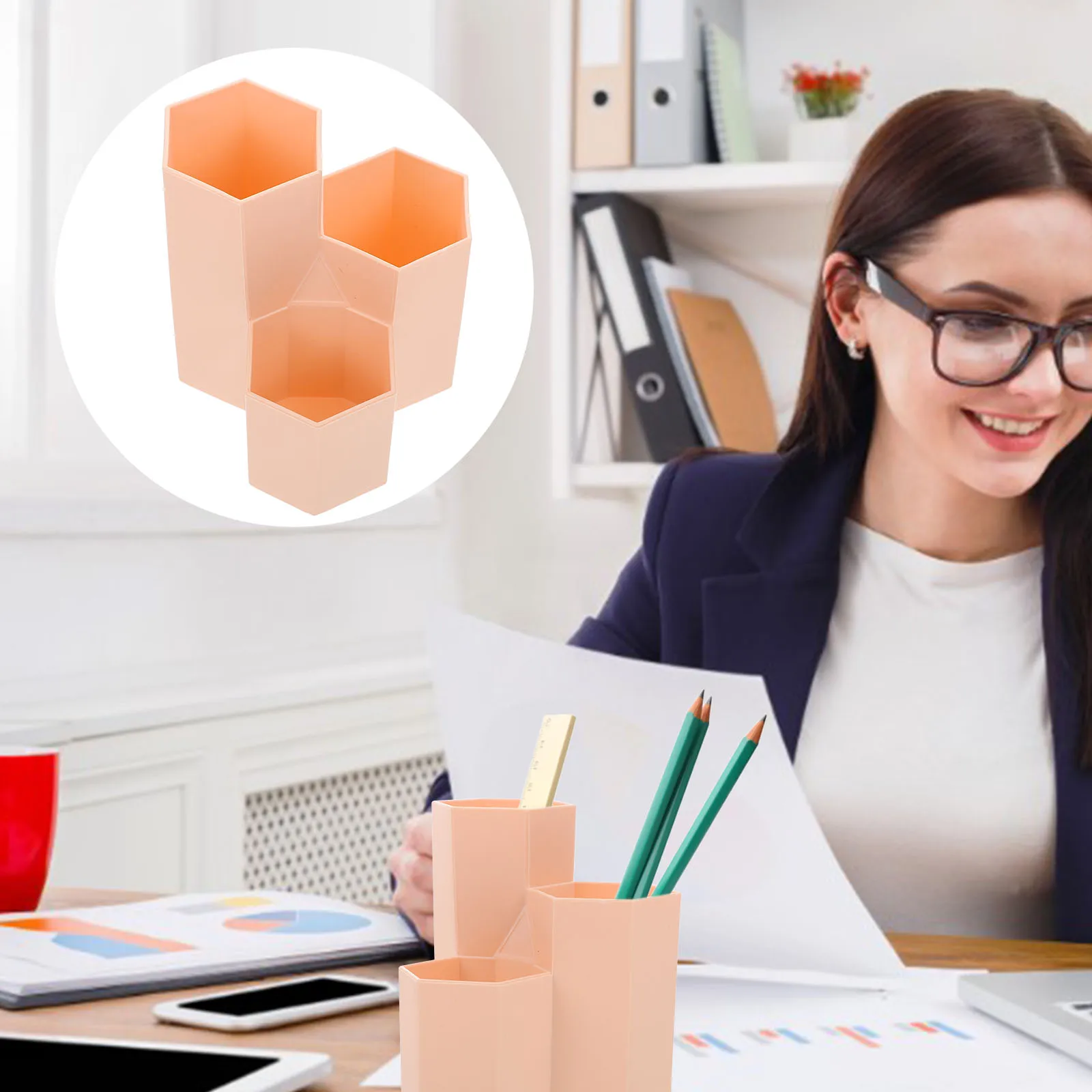 

Plastic Rhombus Shape -compartment Pen Holder Storage Container Desktop Organizer Make Up Bucket Decorative Case