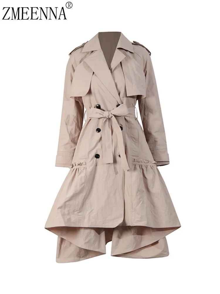 

ZMEENNA Womens Khaki Double Breasted Trench Coat Tie Waist Ruffle Hem Long Sleeve Overcoat Spring Autumn Outerwear ZM4520