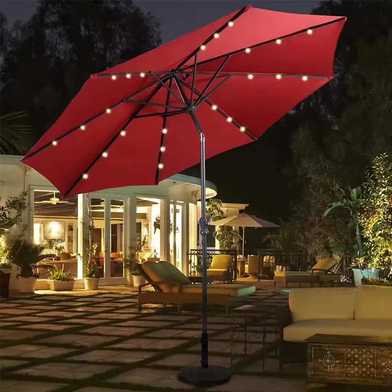 Sombrilla de Patio LED Moderna para Exteriores de 7.5 Pies con Luces Solares, Manivela Inclinable, Toldo para Jardín y Piscina, 3 Metros de Radio