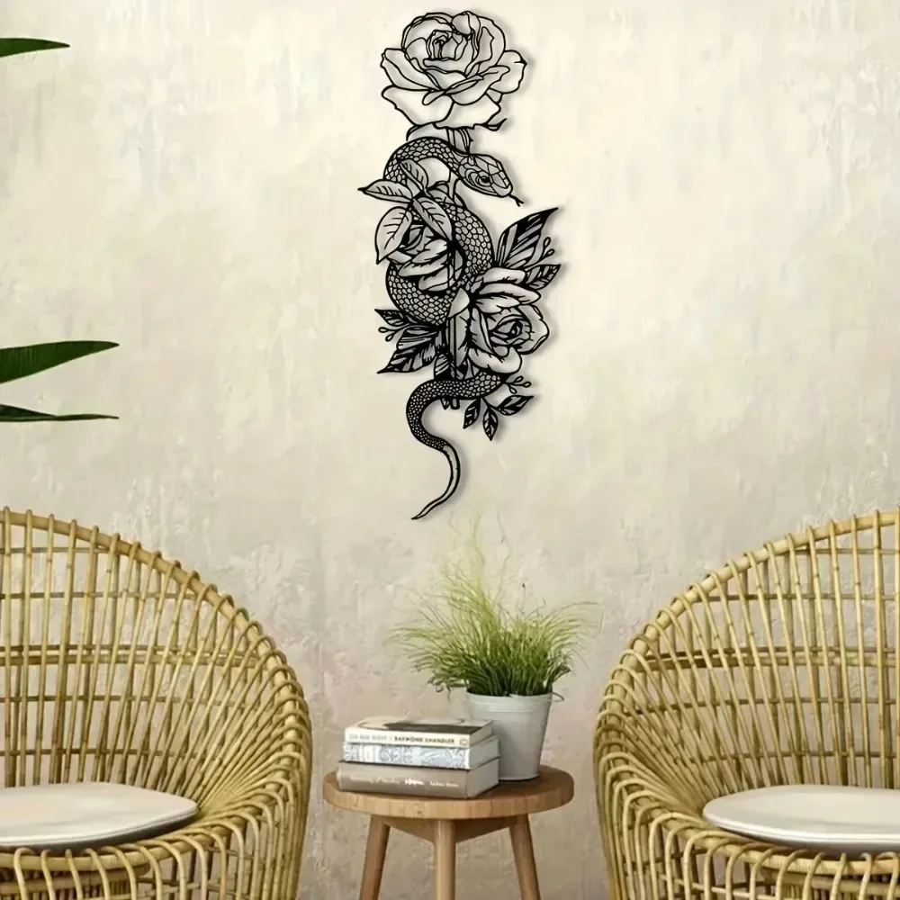 Metal Rose Snake Wall Art Aluminum Panel Iron Mural Hanging for Living Room Bedroom Balcony Garden Fence Home Decor