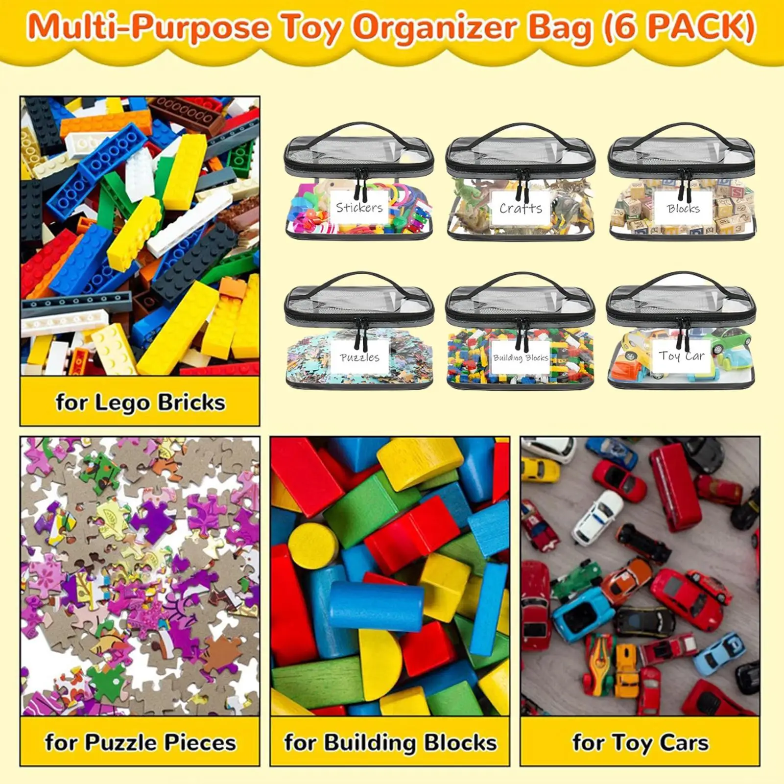 

6-Pack Clear Zipper Pouches for Toy & Board Game Storage - Reusable Organizer Bags for Kids Toys, Nursery, Classroom, Home