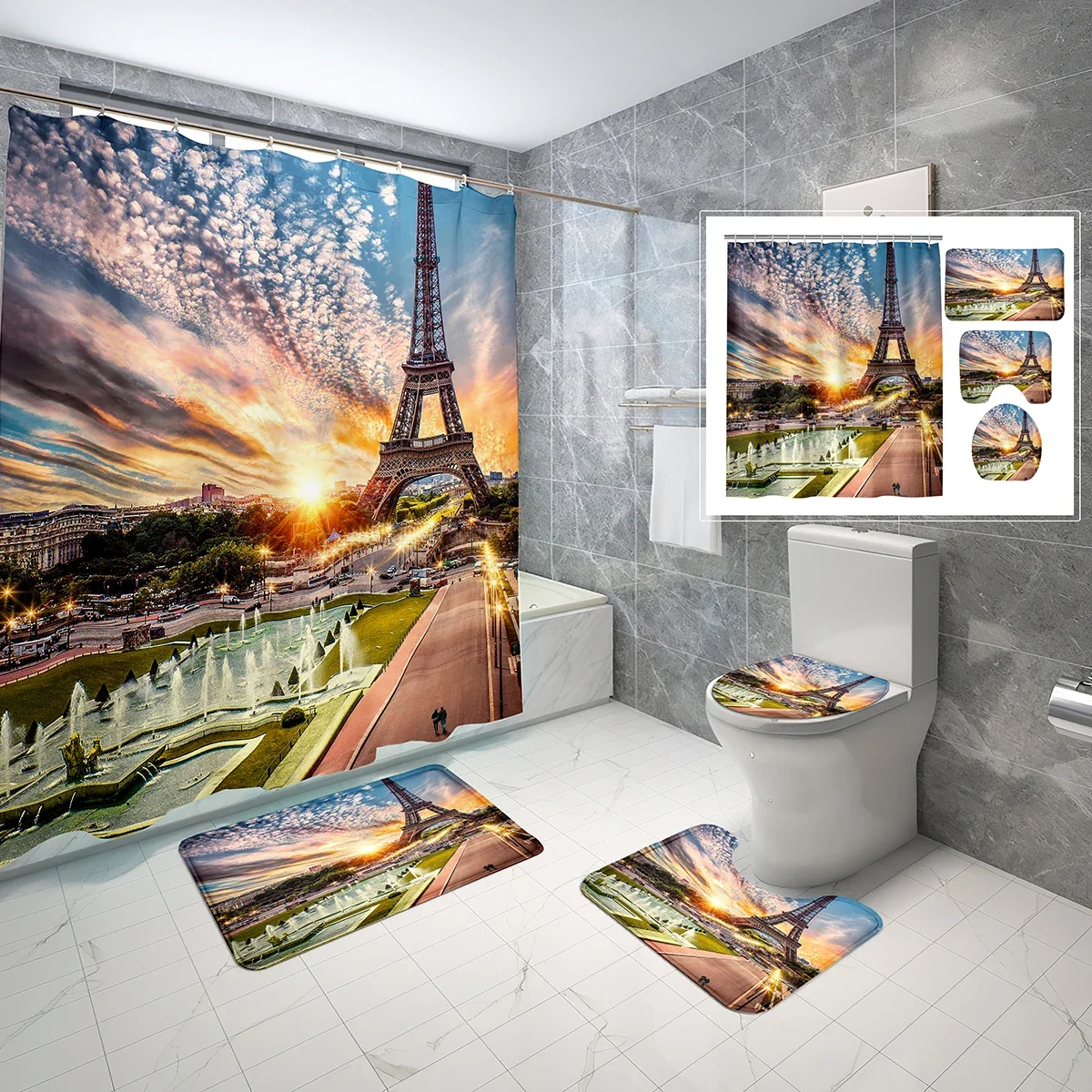 4 Pcs Eiffel Tower Shower Curtain Sets with Toilet Lid Cover and Non-slip Bath Mat Paris Monument Waterproof Shower Curtain Set