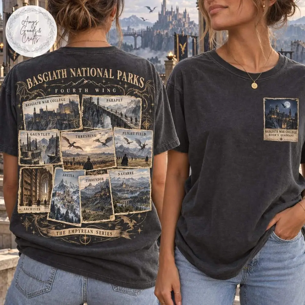 Fourth Wing Basgiath National Parks T-shirt Double Sided Print Basgiath War College Fantasy Book Graphic Tees Unisex Oversized