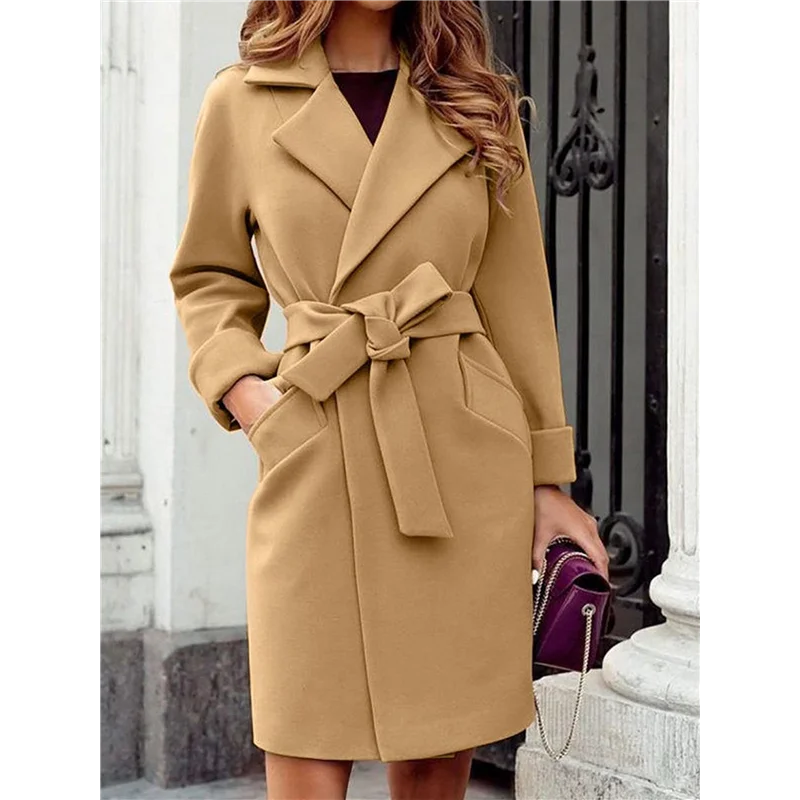 ABCA-معطف نسائي طويل خندق أنيق طية صدر السترة معطف كاجوال للخريف والشتاء مع حزام