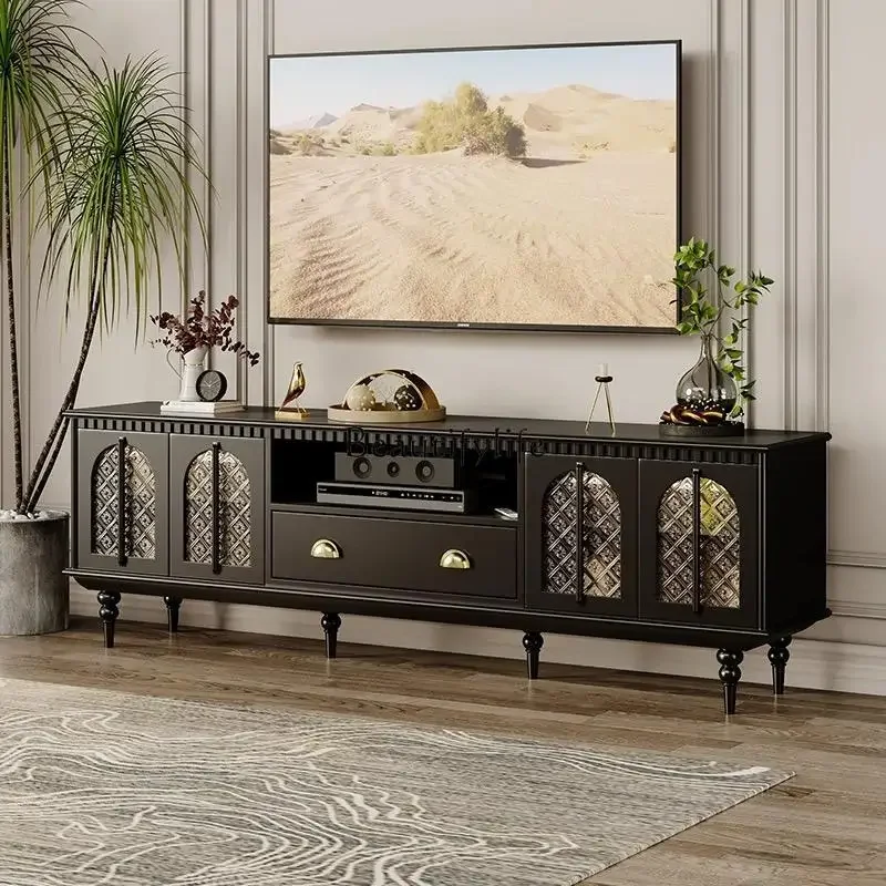 

35-*French retro solid wood TV cabinet home living room wall glass with sensor light black art light luxury audio-visual cabinet