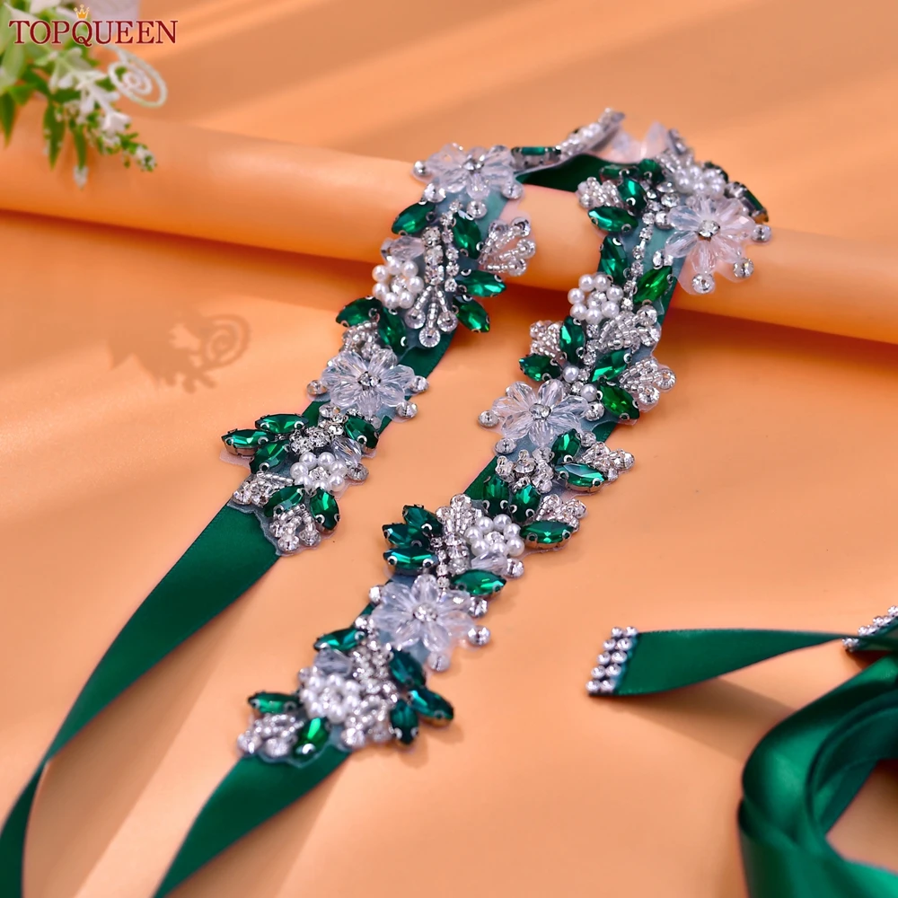 

TOPQUEEN Crystal Bridal Sash with Ribbon Handmade Green Diamond Encrusted Wedding Belt Communion Dress Corset Accessory S434-KL