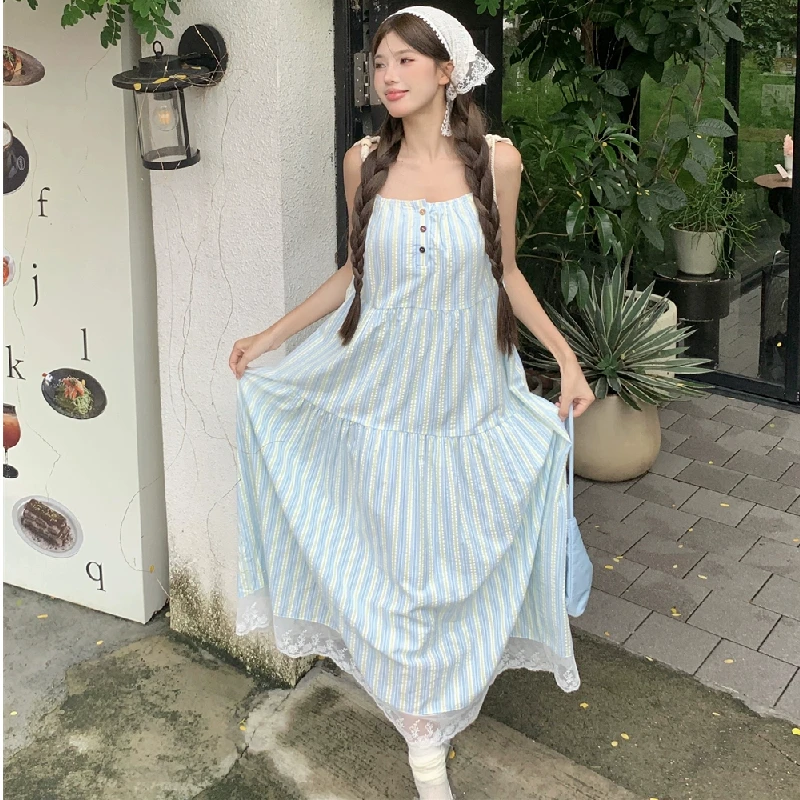 여름 바캉스 슬리블루 스트라이프 루즈 A라인 미디 드레스 여성 비치 휴가 바람 드레스 미들 웨이스트 노벨 폴리머 노 슬리...