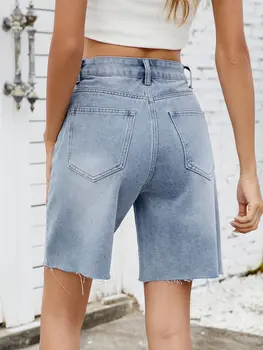 夏季女士牛仔短褲 時尚性感高腰寬鬆口袋流蘇熱褲 女休閒街頭風短褲 10 最佳銷售 短款牛仔褲女 - №10
