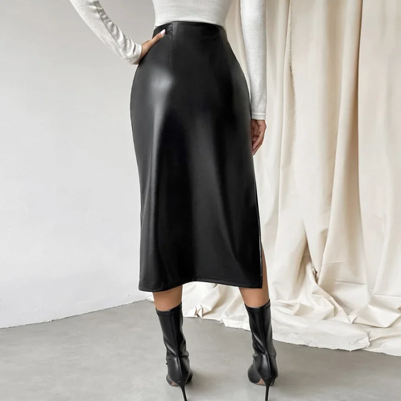 Schwarz Leder Röcke Frauen Mode Hohe Taille PU Langen Rock Splits Streetwear Herbst Weibliche Elegante Solide Büro Casual