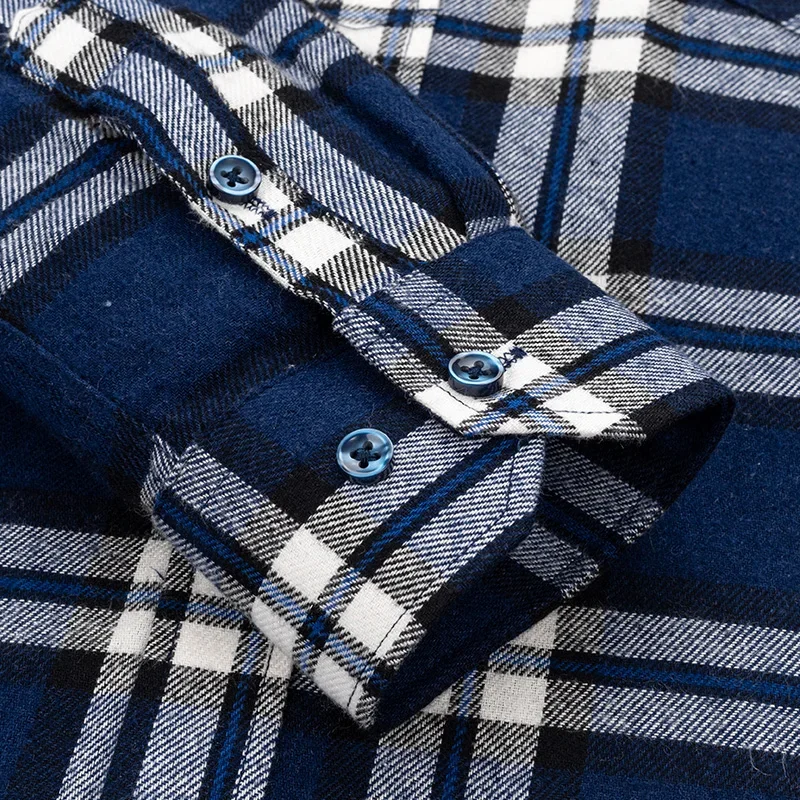 Mens 100% Cotton Brushed Long Sleeve Plaid Check Shirts Single Pocket Soft Comfortable Casual Fashion Standard Fit Button Shirts