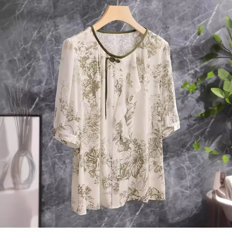 Floral Disc Buckle Short Sleeve Shirt Top Women Camisas De Mujer Blouse