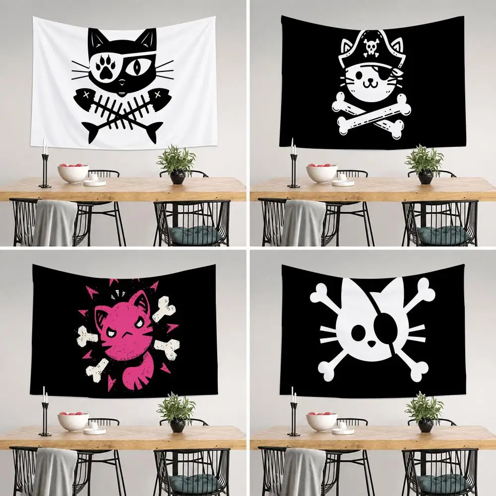 Pirate Cat Skull Tapestry Tapestry Wall Hanging For Bedroom Dorm Living Room Decor Aesthetic