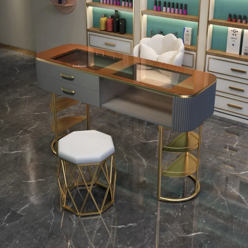 Italian Manicure Tables Salon Furniture Nordic Wrought Iron Single Nail Tables Tempered Glass Manicure Tables