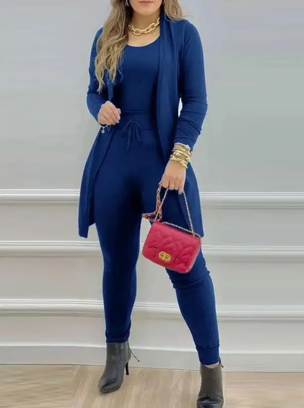 Macacão sem mangas com gola redonda, casaco longo, frente aberta, roupa casual, moda primavera, design de bolso, conjunto de 2 peças, 2023