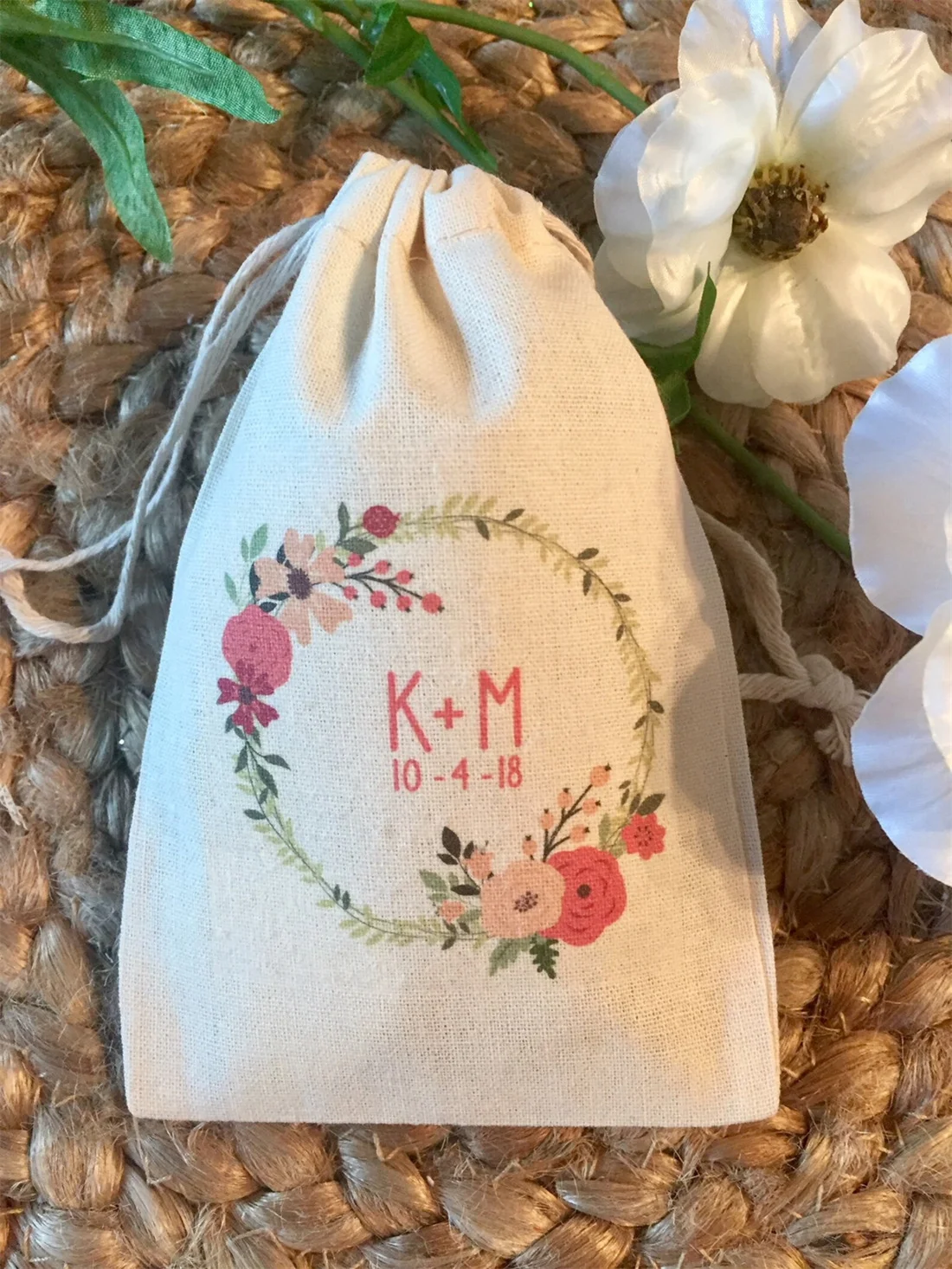 20pcs Personalized Romantic Floral Wreath Wedding Favor Bags - Boho Style Favors