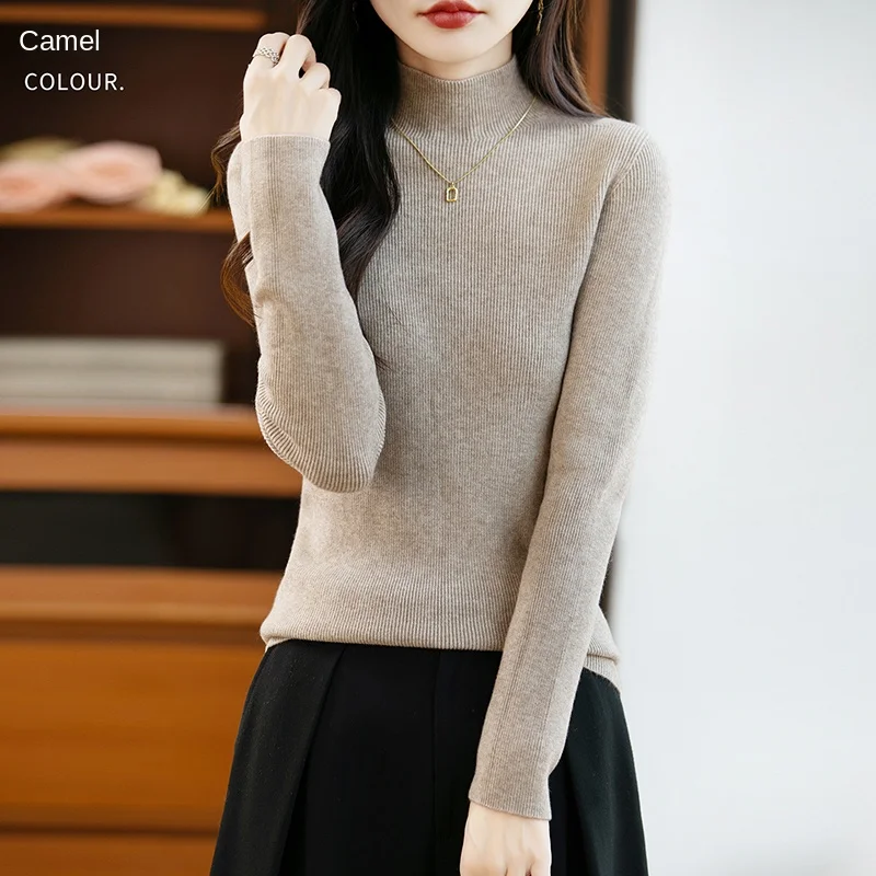 25 الخريف والشتاء جديد 100% آندي المخملية محبوك نصف الارتفاع سليم صالح رداء علوي من الصوف للنساء بأكمام طويلة الدافئة عالية تمتد