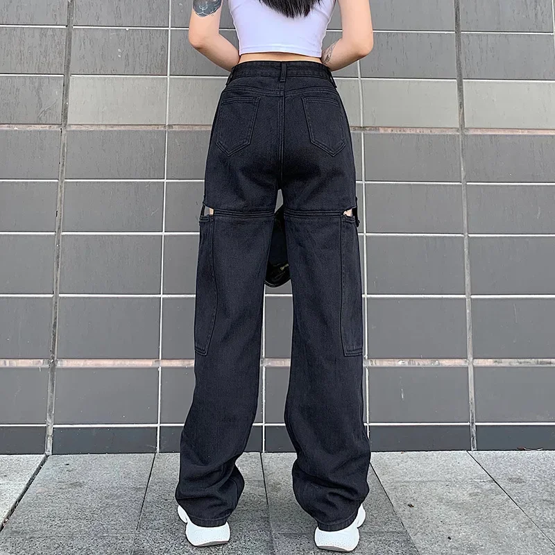 Women Vintage Boyfriend Style High Waist Mom Wide Leg Jeans Ripped Straight Jean Plus Size Hollow Out Denim Pants Street Trouser