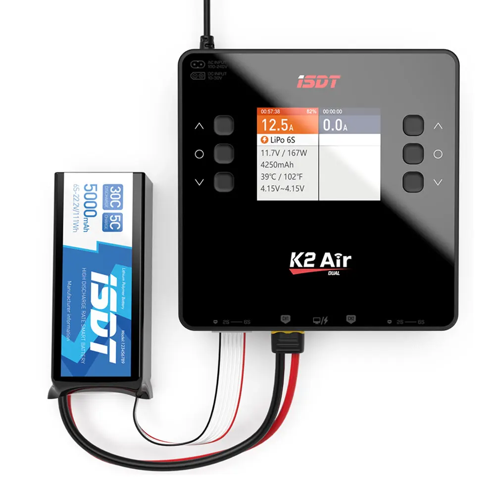 เครื่องชาร์จแบตเตอรี่ลิโพ ISDT K2 Air แบบสองช่องสัญญาณ รองรับการชาร์จแบบบาลานซ์ กำลังไฟ AC 200W DC 500W*2 รองรับแบตเตอรี่ BattAir Smart สำหรับแบตเตอรี่ 1~6S LiFe Lilon LiPo LiHv