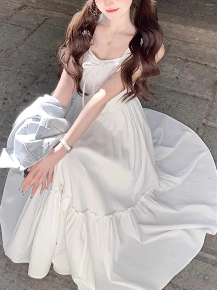 Süße weiße Riemen Dr Damen Sommer neue kleine Größe Strand Urlaub langen Rock koreanische Sle hohe Taille Polyesterfaser