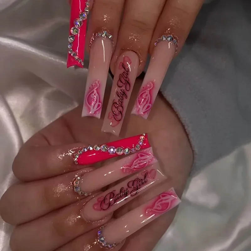 

24 pcs Artificial Press on Nails Wearable Pink Long Fake Nail for Girls Red Long Ballet Rhinestone Alphabet False Nails Design