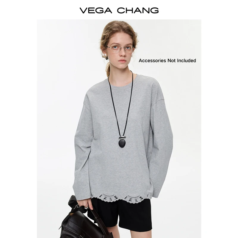 

Vega Chang New Winter Women's T-Shirt Light Gray Lace Trim Long-Sleeved Exquisite Top [Excluding Accessories]