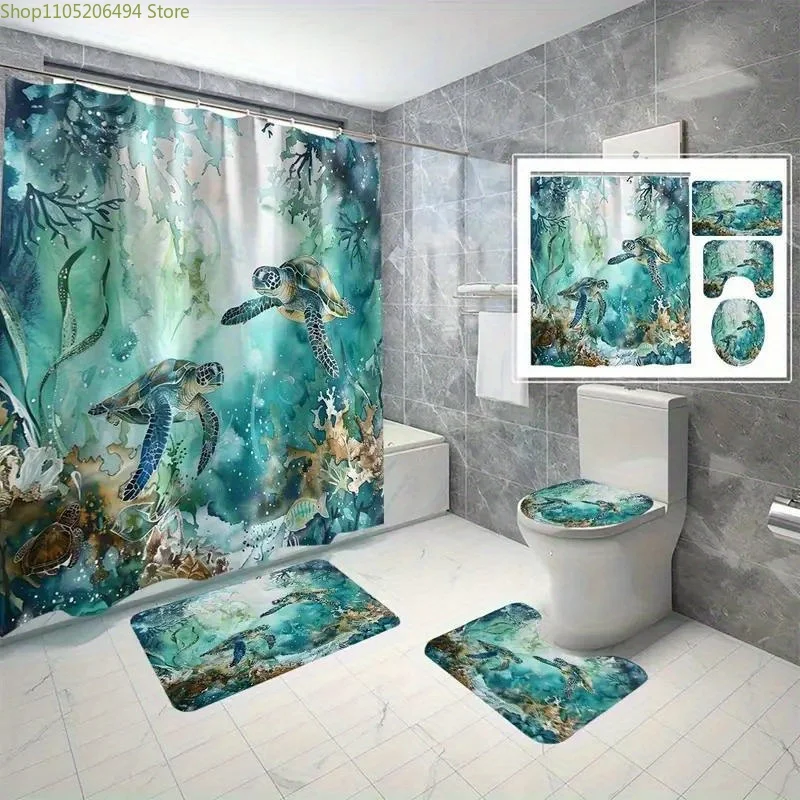 

JIT1/3/4pcs Set Undersea World Turtle Shower Curtain Set with Anti-Slip Rug, Undersea Turtle Bathroom Decoration, Bathroom Acc