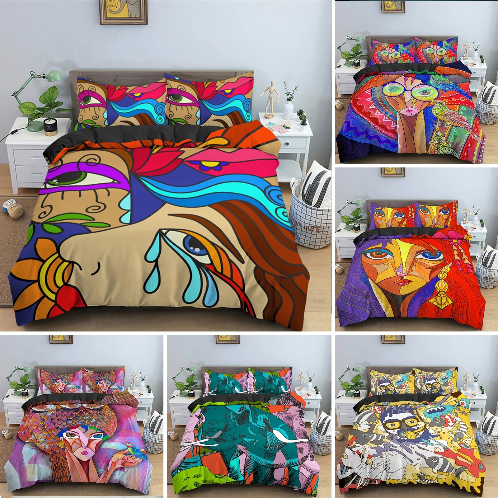 

Abstract Human Face Duvet Cover Twin Full King Double Microfiber Mystic Artwork Comforter Cover Psychedelic Graffiti Bedding Set