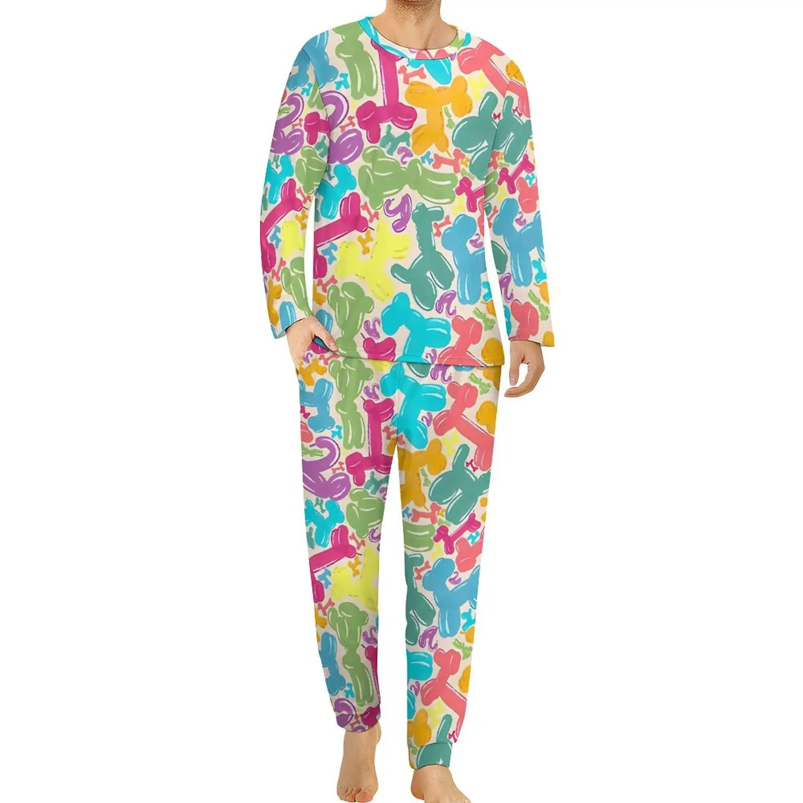 Balloon Dogs Pajamas Male Animals Print Warm Nightwear Spring Long Sleeve 2 Pieces Home Pattern Pajamas Set 3XL 4XL 5XL