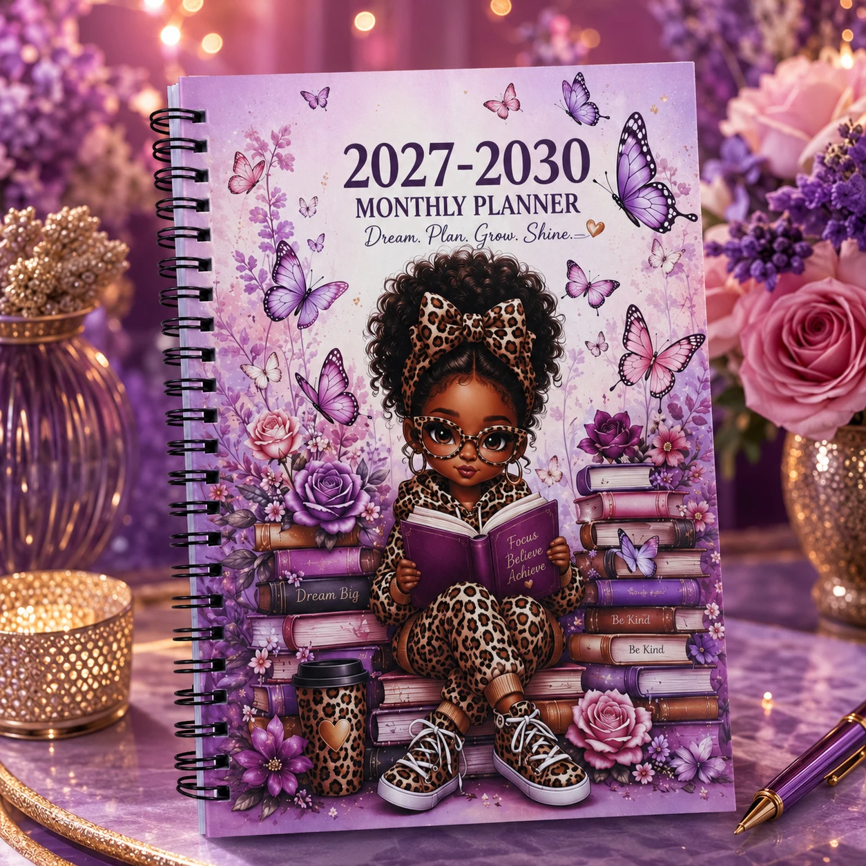 2027-2030 Four-Year Monthly Planner. Cover designed with purple floral and butterfly illustrations paired with a cartoon African
