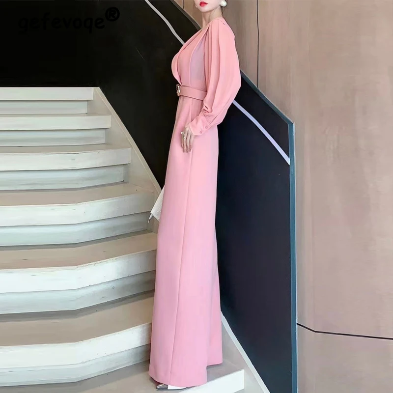 2024 New Spring Office Lady Fashion Elegant High Waist Belt Party Wide Leg Jumpsuits Women Long Sleeve Pink Loose Pocket Rompers