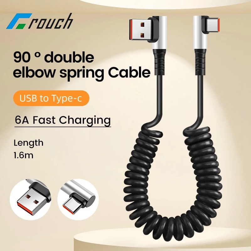 90° Double Elbow Spring Data Cable 6A Telescopic USB C To Type C Fast Charging Cable for iphone 15 Samsung Huawei Xiaomi