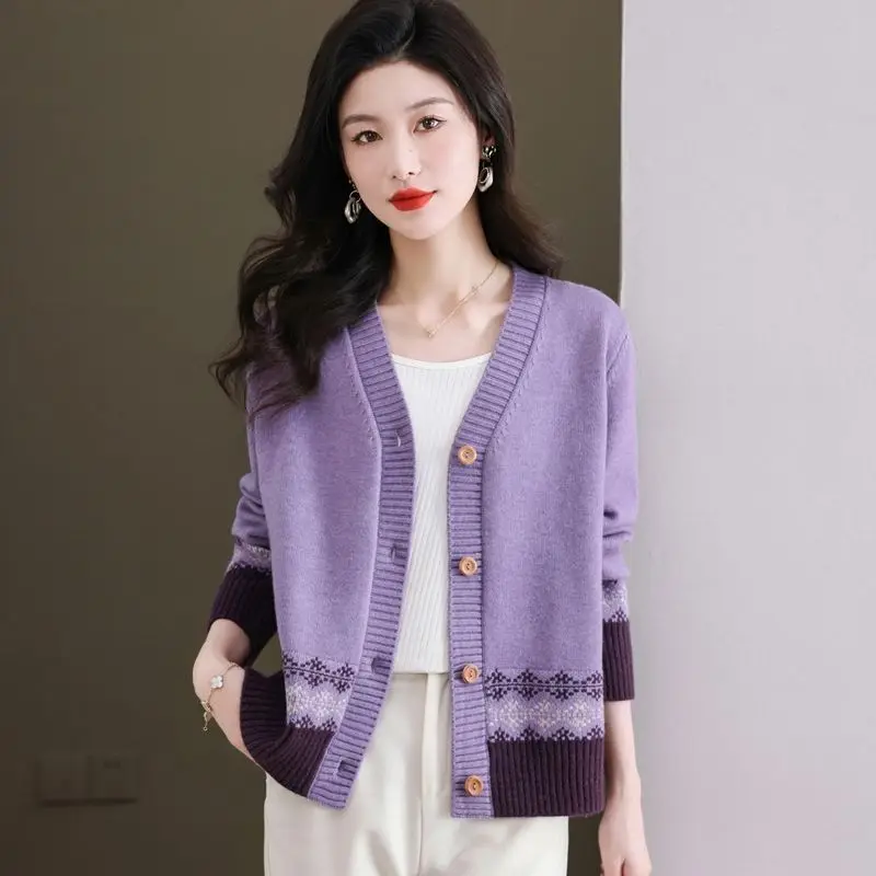 Women Autumn Fashion Office Lady Loose V-neck Long Sleeve Knitwear Women Clothes Temperament All-match Knitting Cardigan Coat