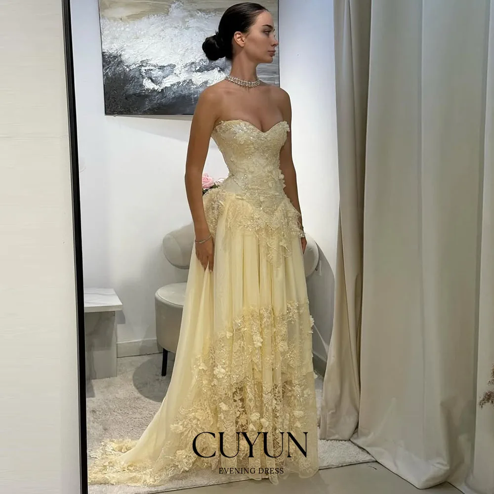 CUYUN ثوب مسائي فاخر 2025 على شكل قلب بدون حمالات دانتيل زينة فستان حفلة شيفون مخصص مشد خلفي فساتين لحضور الحفلات الموسيقية