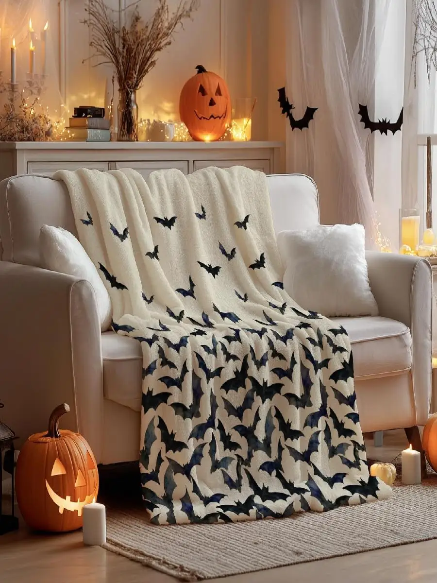Horaldaily Halloween Flannel Throw Blanket Beige Bats Soft Fuzzy Plush Cozy Fleece for Couch Bed Lounging Perfect Gifts for Kids