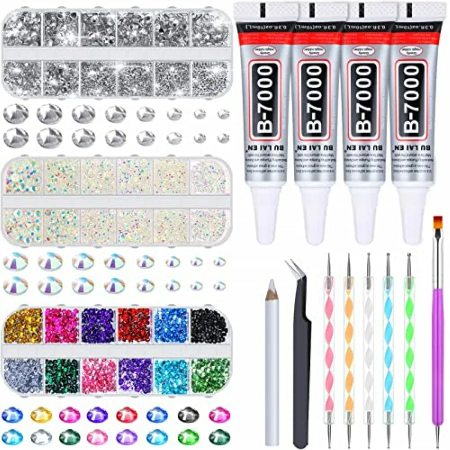 

B7000 Jewelry Glue with Rhinestones for Crafts, 6300Pcs Rhinestones with Gems Adhesive for Shoes Cloth Fabric with Picker Penci