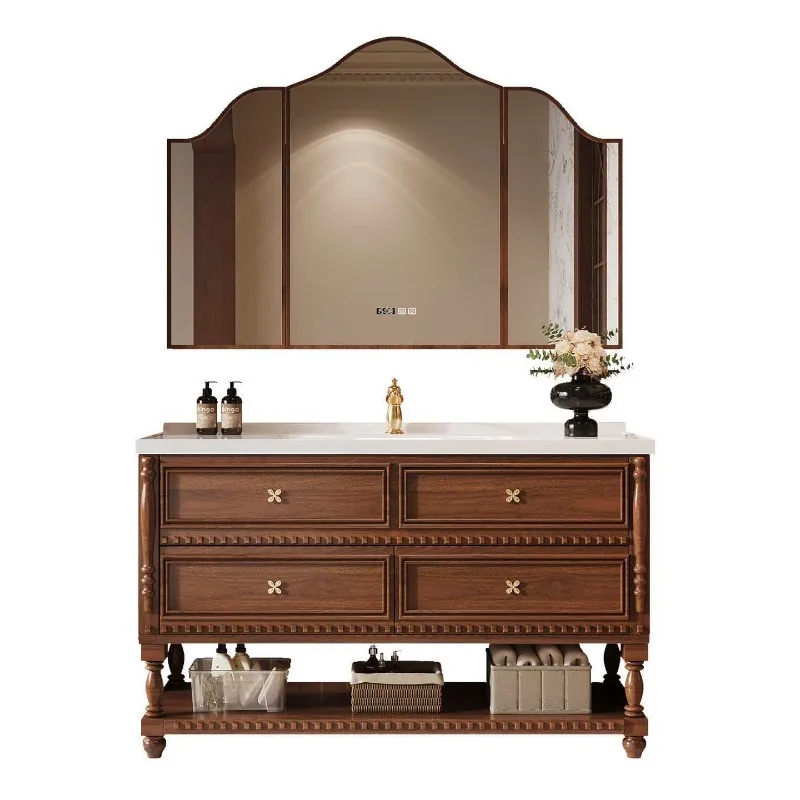 

American medieval bathroom cabinet combination luxury stone ceramic basin washbasin Chinese solid wood floor washbasin