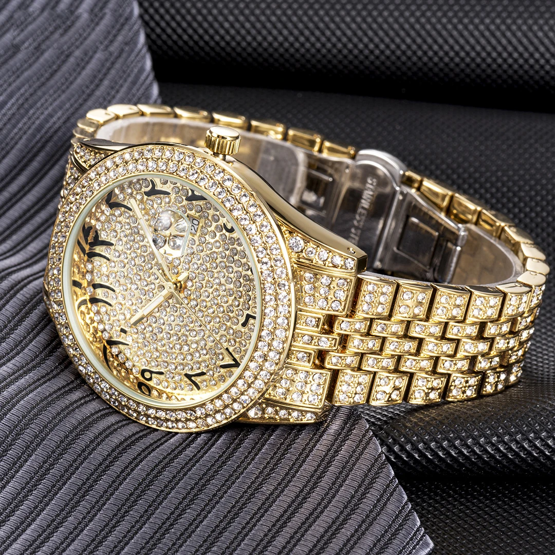 Orologio da polso di alta qualità per uomo donna Orologio al quarzo con pietra piena Lucidatura lucida Orologi gioielli in oro Orologio con data 3 colori