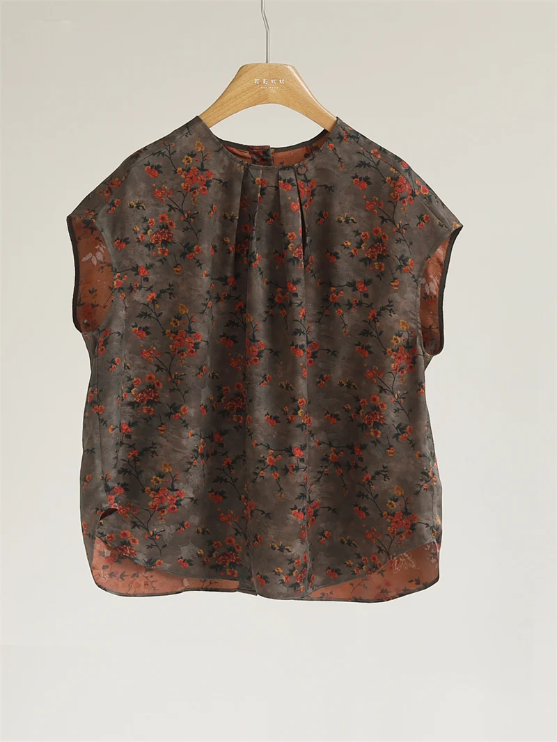 

Ele Red Cloud Silk Loose ort Sve round Ne Women's Top Vintage Chinese Sle Floral Print Straight Cut Silk irt