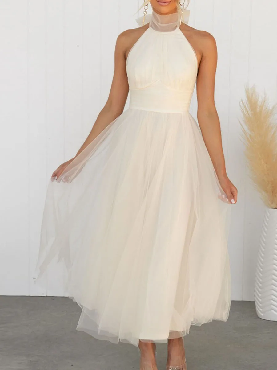 New Womens Backless Long Dress Adjustable Tie Halter Neck Tulle High Waist Solid Party Wedding Dress S-XL - Image 5
