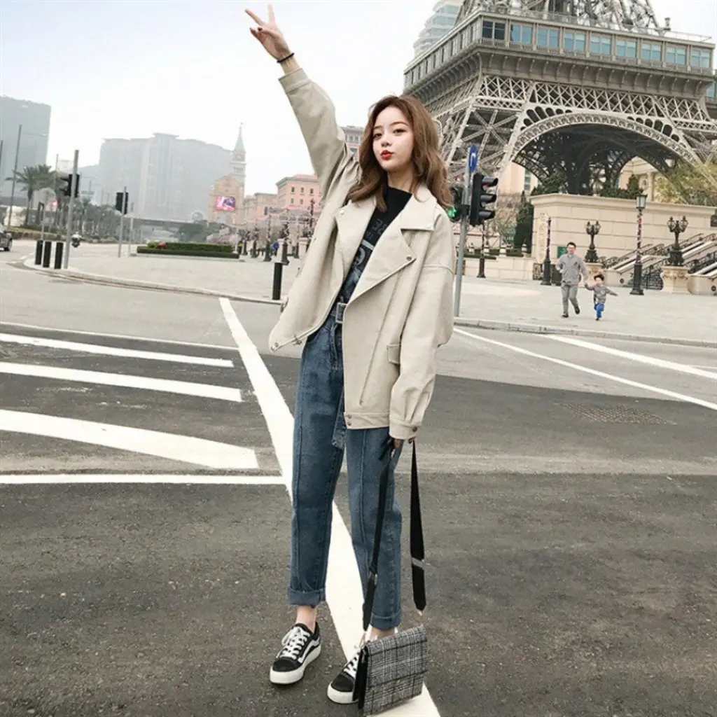 

Women's Thickened Motorcycle Leather Jacket Korean BF Style Loose Fit PU Cotton Blend Short Coat for Autumn Winter