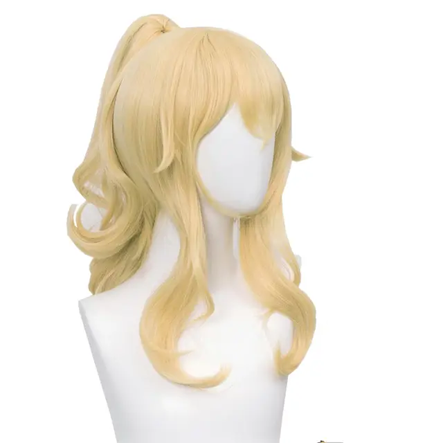 Falista blond kucyk peruka do dżinsów Cosplay złote włosy księżniczki peruki z warkoczykami grzywka na Halloween brzoskwiniowy kostium