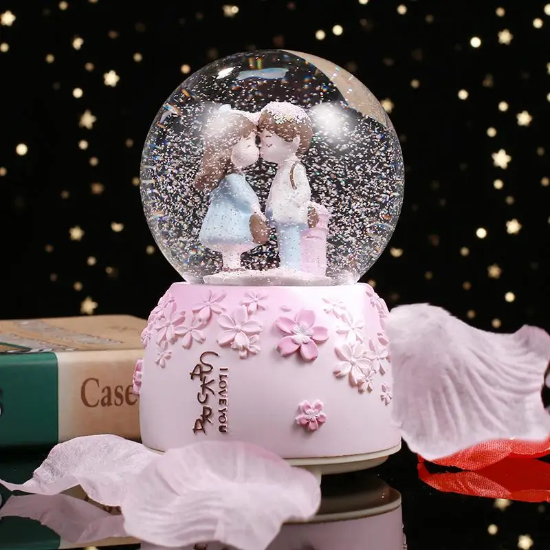 Glow Light Crystall Snow Globe Ball Music Box Couples Wife Girl Birthday Wedding Valentine\'s Day Gift Lovers Ornament