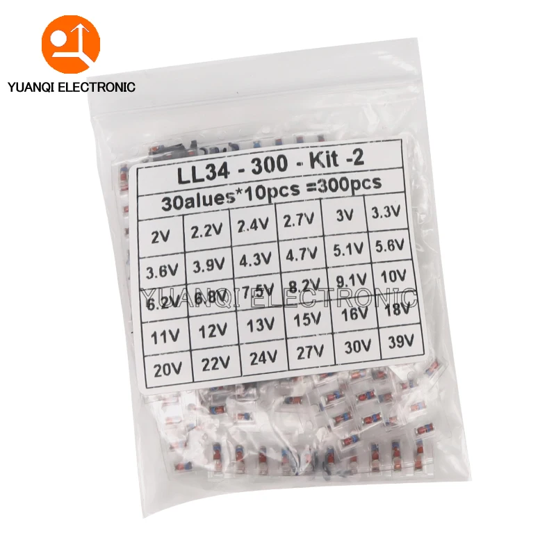 300pcs LL34 SMD Zener Diode Assorted Kit 1/2W 2V-39V 30Values*10pcs=300pcs Sample Set