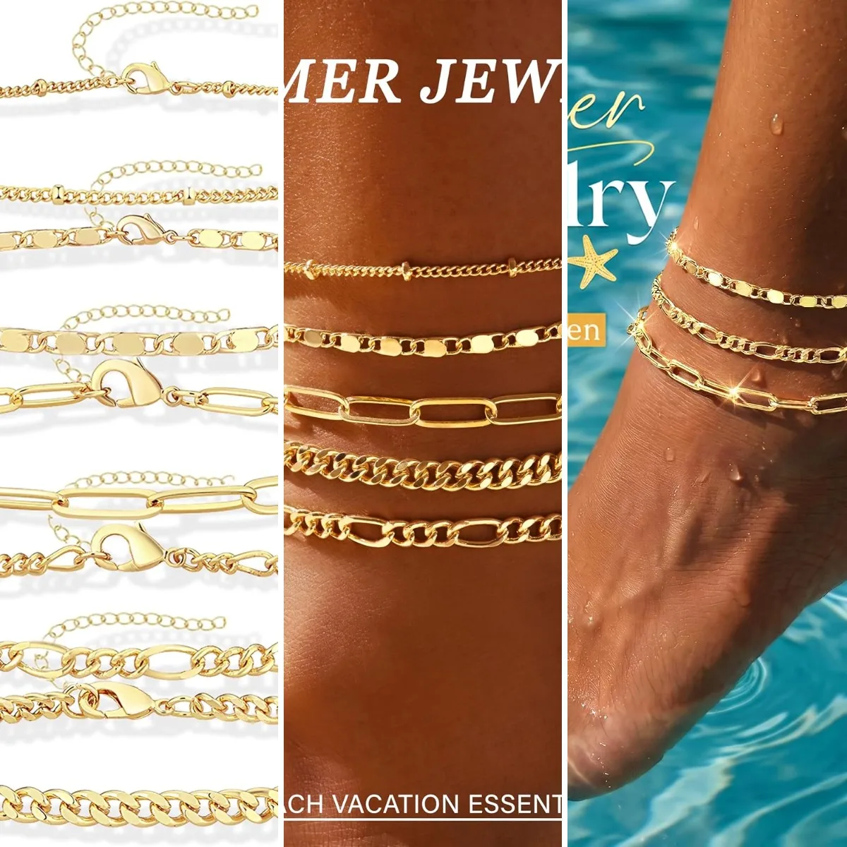 Ankle Bracelets for Women Waterproof, 14k Gold Plated Jewelry Set Layered Cuban Figaro Link Chain Anklets Set Gold Anklets Summe