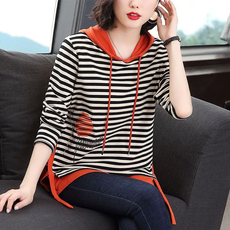 

Women's Casual Striped Printing T-shirt Long Sleeve 2023 Spring and Autumn New Loose Patchwork Drawstring Hooded Pullover Tops