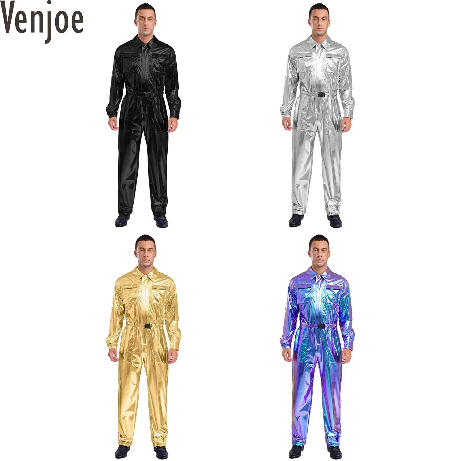 

Men Shiny Metallic Overalls Bodysuit Turn-down Collar Long Sleeves High Waist Full Body Jumpsuit for Halloween Costume