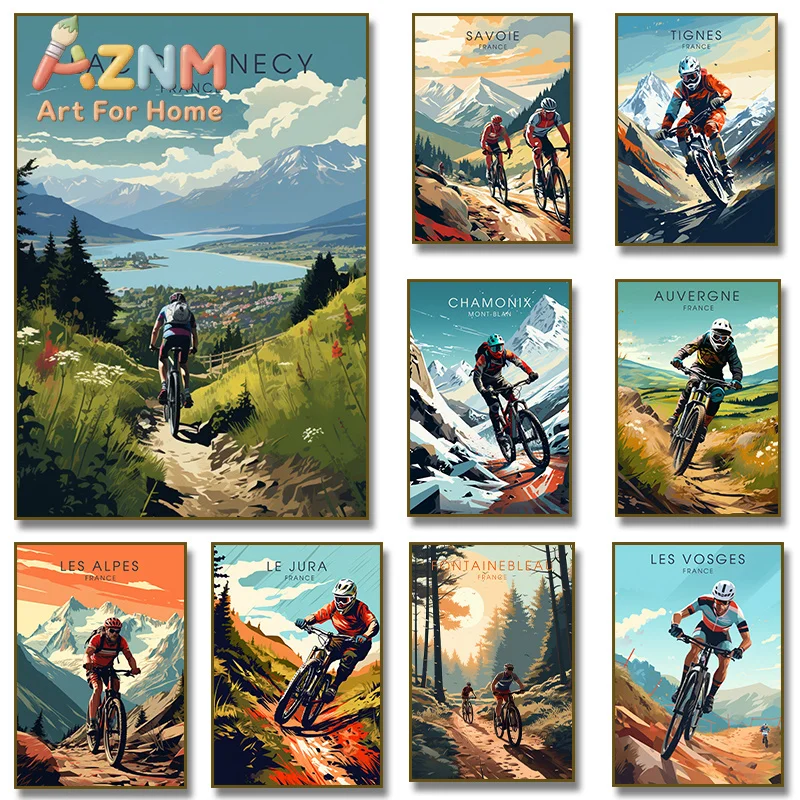 Sports Mountain Bicycle City Bike Race Cycling Art Mountain Landscape Posters Canvas Painting and Print Pictures Room Home Decor