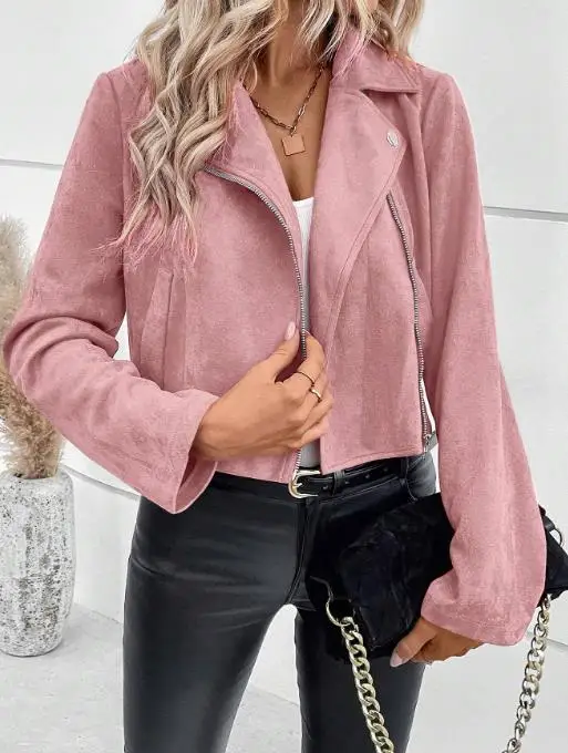 

Women's Jacket 2025 Spring Autumn New Solid Color Notched Collar Long Sleeve Streetwear Casual Slim Fit Crop Zipper Jacket