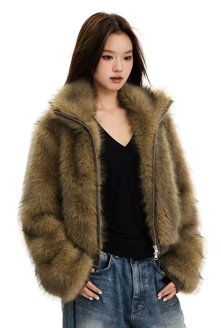 

Женское пальто из искусственного меха, зимнее, элегантное, приталенное, с эффектом потертости, с вырезами, для офиса, в стиле Harajuku, нежное, модное, Ins